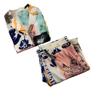 Joie Silk Pajama Set Women Medium Multicolor Floral Print Button Front Top Pant